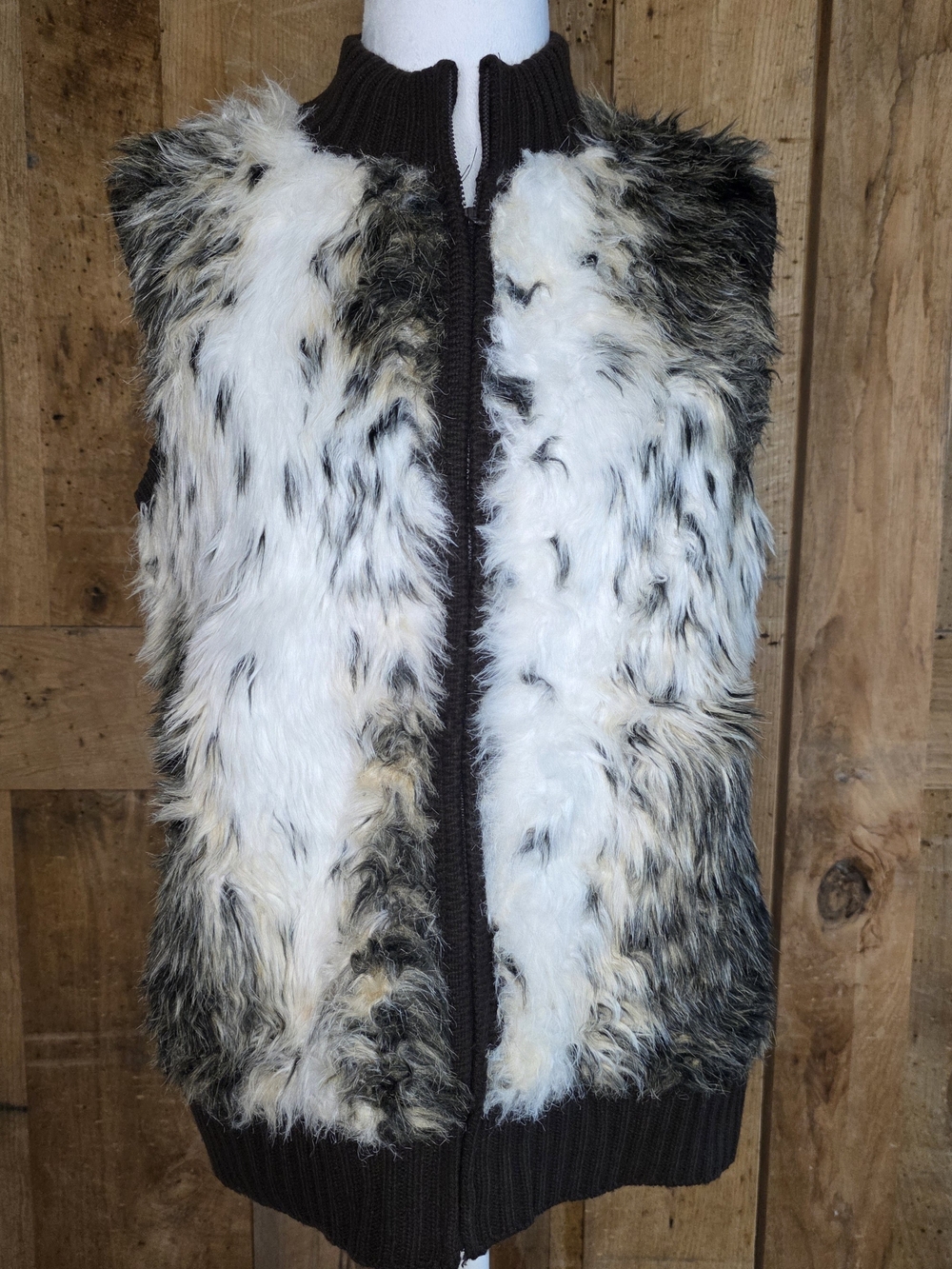 Kikit Faux Fur Sweater Vest Medium Brown Cream Full Zip Boho Y2K